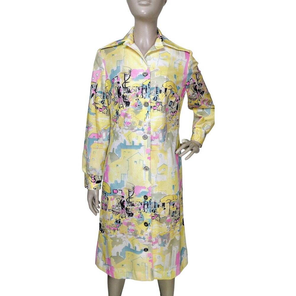 Vintage 60s 70s Mr Mench City Village People Print AOP Dagger Collar Dress M/L